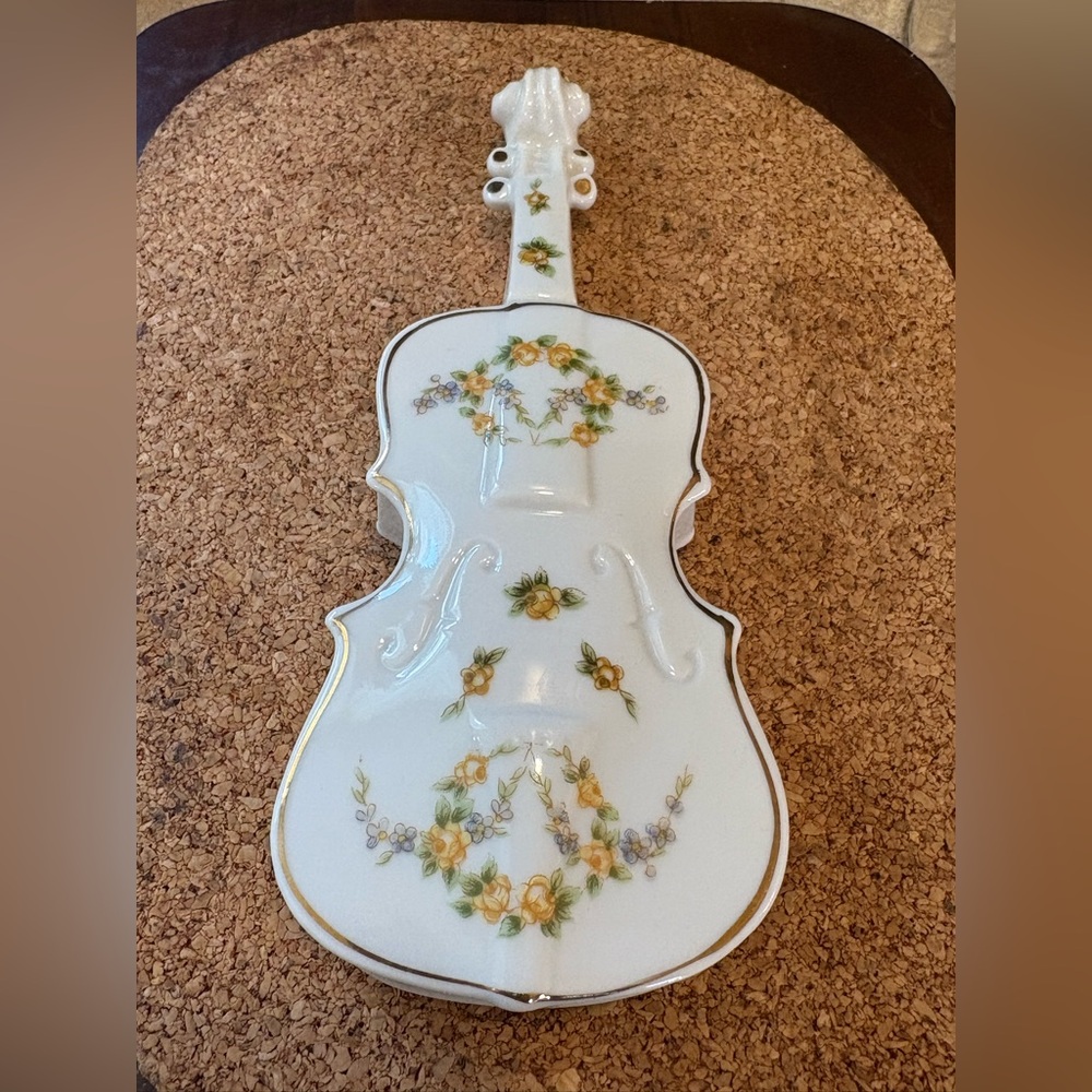 Vintage Violin Shaped Trinket Box By Andrea By Sadek music, floral, Victorian